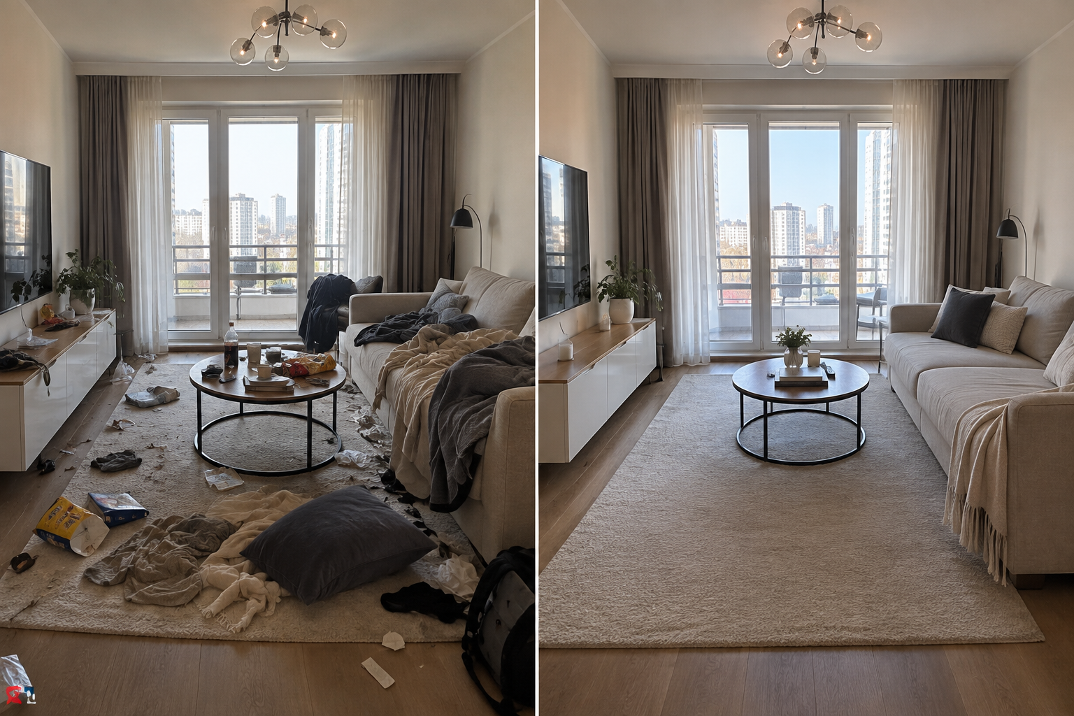 Living room before and after cleaning