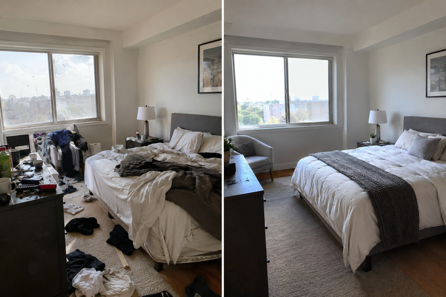 Bedroom before and after cleaning