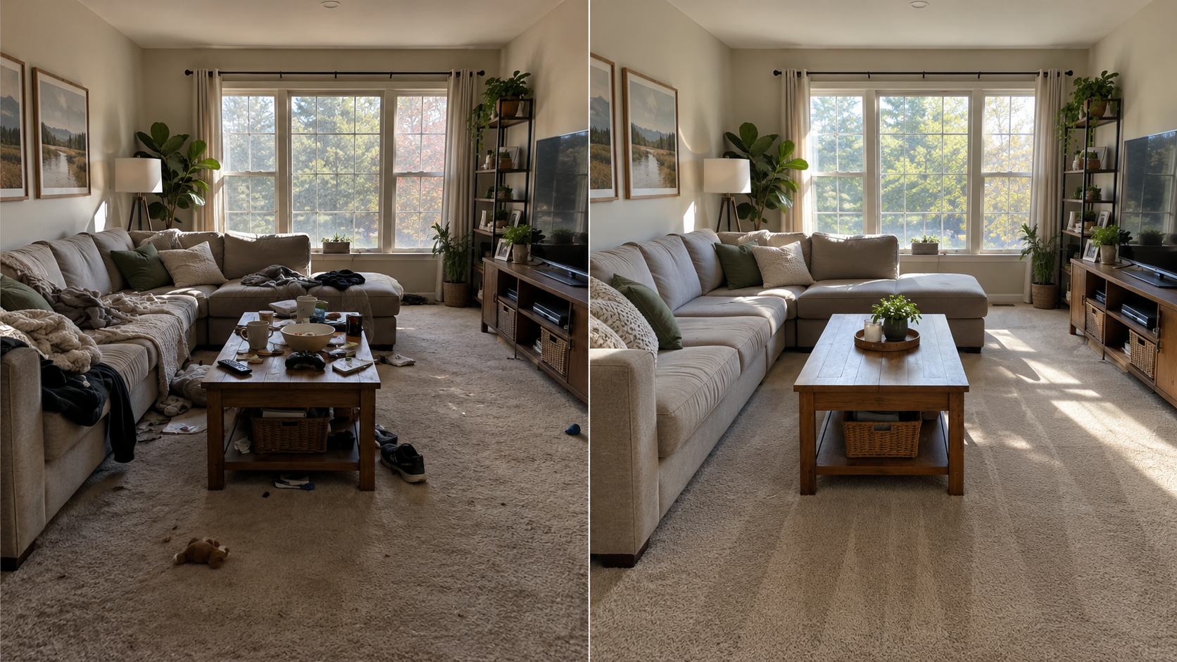 Living room before and after cleaning